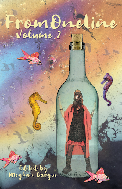 FromOneLine Volume 2 : Cover description : A girl in a red kimono and black dress and big boots, is standing inside a glass bottle. She wears a gas mask. 3 fish and 2 seahorse are on the outside of the bottle. Behind this layer, faded birds fly across an oil-slick style background. 